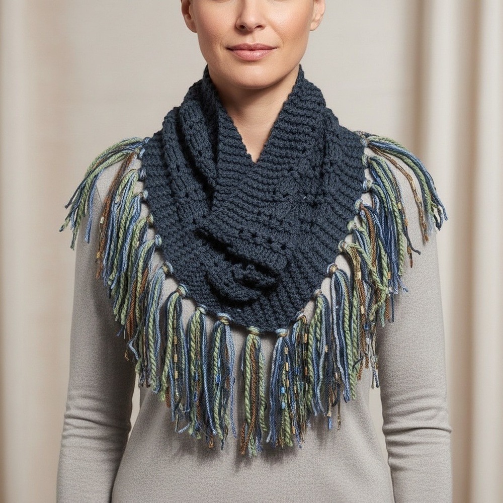NEW Hand Knitted Blue Green Brown Boho Cowl Scarf Fringe Coastal Artsy Whimsy